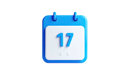 A 3D calendar icon on a stark black background shows the date of the 17th
