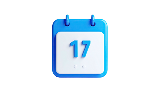 A 3D calendar icon on a stark black background shows the date of the 17th