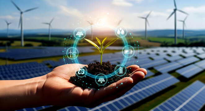 A glowing green plant in hand with futuristic solar panels in the background. Symbol of clean technology and sustainability. - Powered by Adobe