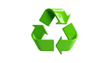 Glossy, emerald-green recycling symbol with curved arrows on a black background