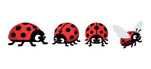 Fototapeta premium Cute cartoon set of a happy ladybug or ladybird in different poses: walking, standing, and flying, vector illustration for nature and spring design.