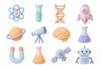 Cute 3d science icons set featuring atom, rocket, and robot for educational and learning designs