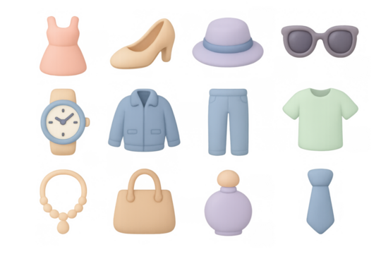 Fashion accessories and clothing in soft pastel tones with minimalist 3d style