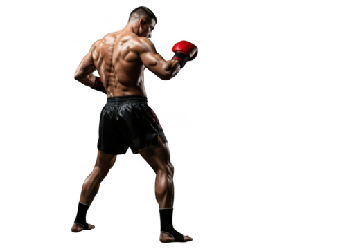 Muscular boxer in fighting stance isolated on transparent background