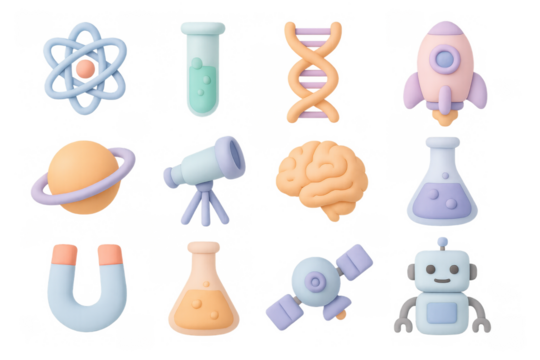 Cute 3d science icons set featuring atom, rocket, and robot for educational and learning designs