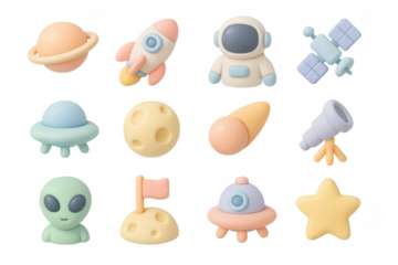 Whimsical space adventure icons with planets, aliens, and rockets