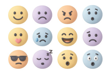 3d cute emoji faces expressing various emotions with pastel colors