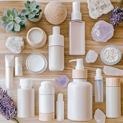 Natural Skincare Products Mockup Flatlay on Wooden Background