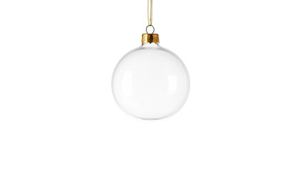 A plain white Christmas ornament, hanging by a golden loop against black