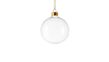 A plain white Christmas ornament, hanging by a golden loop against black