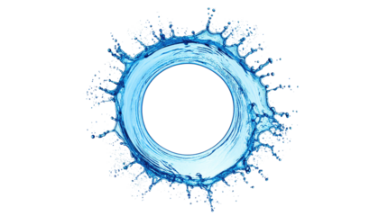 Blue water splash forms circular frame against black backdrop