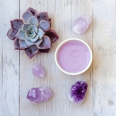Lavender Cream Spa Treatment Flatlay with Succulents and Amethyst Crystals