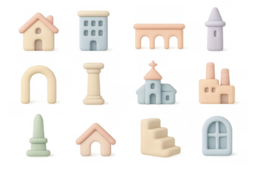 Pastel 3d icons of buildings and landmarks for design projects