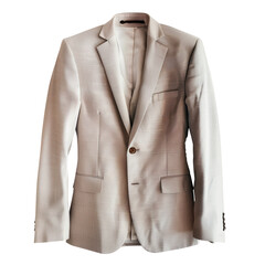 Elegant beige suit jacket hanging ready for a formal event or business meeting attire