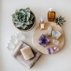 Spa Wellness Flatlay,  Crystals, Succulents, Essential Oils, and Soap