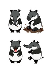 Cute cartoon set of a South American Tapir in various poses: standing, sitting in mud, shouting, and dancing, vector illustration.