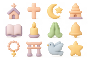 Colorful pastel religious symbols collection: church, cross, moon, and more