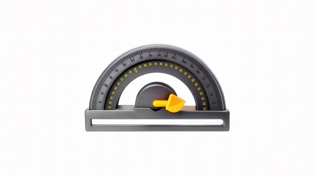 A modern yellow and black protractor on a white background showcasing measurement markings and a clear design.