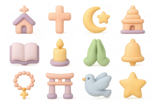 Colorful pastel religious symbols collection: church, cross, moon, and more