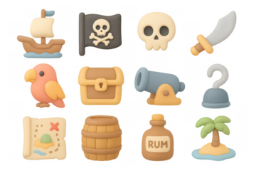 Playful pirate icons set with 3d cartoon elements and adventure symbols