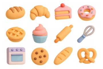 Colorful 3d bakery icons set featuring cakes, pastries, and baking utensils