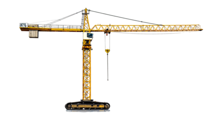 Yellow construction crane with long arm and hook on a black background