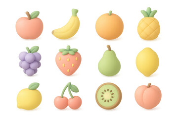 Colorful 3d cartoon fruits collection with playful and soft aesthetic