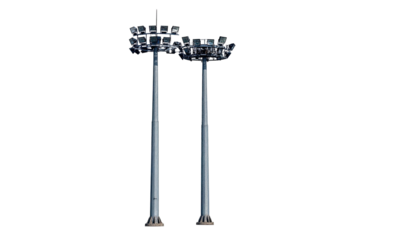 Two tall metal poles with numerous spotlights atop, isolated against pure black