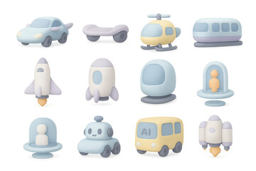Cute 3d cartoon transport icons: cars, spaceship, rocket, helicopter, and more