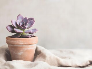 Purple Echeveria Succulent in Terracotta Pot on Linen Fabric