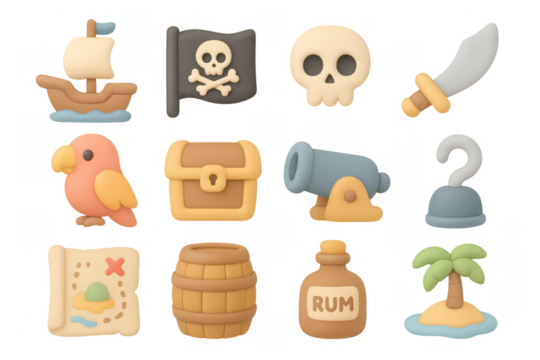 Playful pirate icons set with 3d cartoon elements and adventure symbols