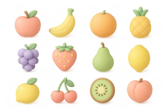 Colorful 3d cartoon fruits collection with playful and soft aesthetic