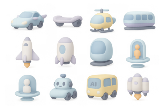 Cute 3d cartoon transport icons: cars, spaceship, rocket, helicopter, and more