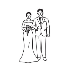 Line illustration of a couple taking a wedding photo in wedding dress and tuxedo &mdash; marriage and couple vector