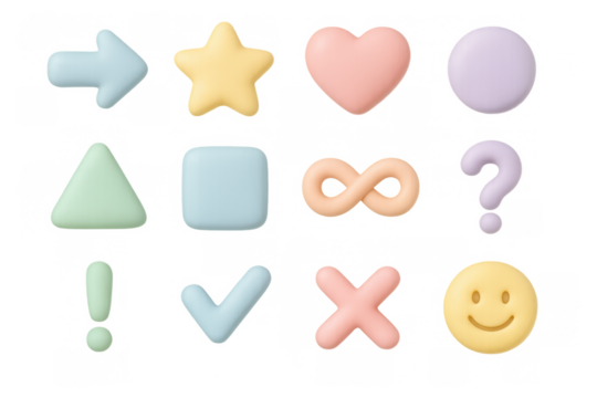 Pastel colored 3d icons set featuring symbols for social media and design