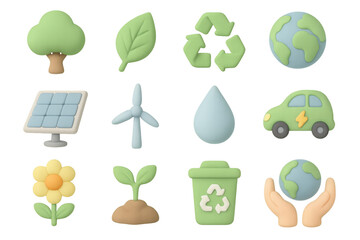 Eco-friendly icons set featuring 3d renewable energy and sustainability symbols
