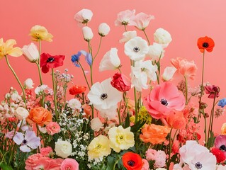 Vibrant Spring Floral Bouquet Coral Background