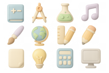 3d pastel icons representing education and creativity themes