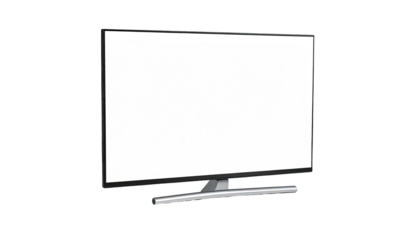 A minimalist, black-framed flat-screen display with a silver stand against black
