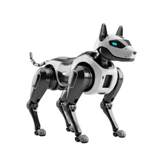 Modern robotic canine with segmented body and reflective surfaces, standing alert in a crisp product-style rendering on clean background, futuristic technology concept