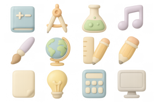 3d pastel icons representing education and creativity themes