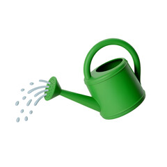 Green watering can spraying water isolated on transparent background