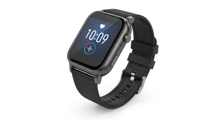 A modern black smartwatch with a square face displaying the time 1009 and a heart icon rests on a white background, isolated on white background