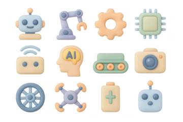 Pastel 3d icons of technology concepts including robotics, ai, and gadgets