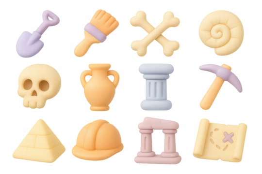 Soft pastel archaeology icons featuring tools, bones, and artifacts