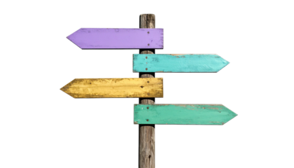 Multicolored direction signs on wooden post with multiple destination options