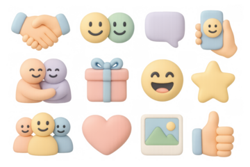Cute 3d emoji set: smile, hug, gift, star, heart, thumbs up, chat