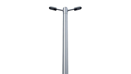 A tall, metallic street light, two-headed, against a solid black background