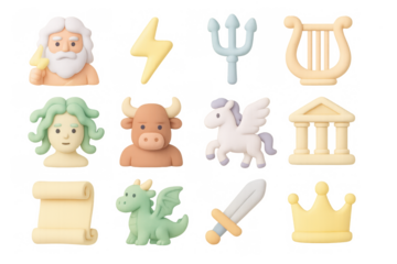 Mythical icons set: cute clay style greek mythology symbols