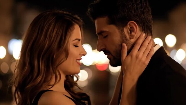 A romantic couple shares a passionate kiss at night. An intimate man and woman embrace and look into each other's eyes. Love and relationship concept